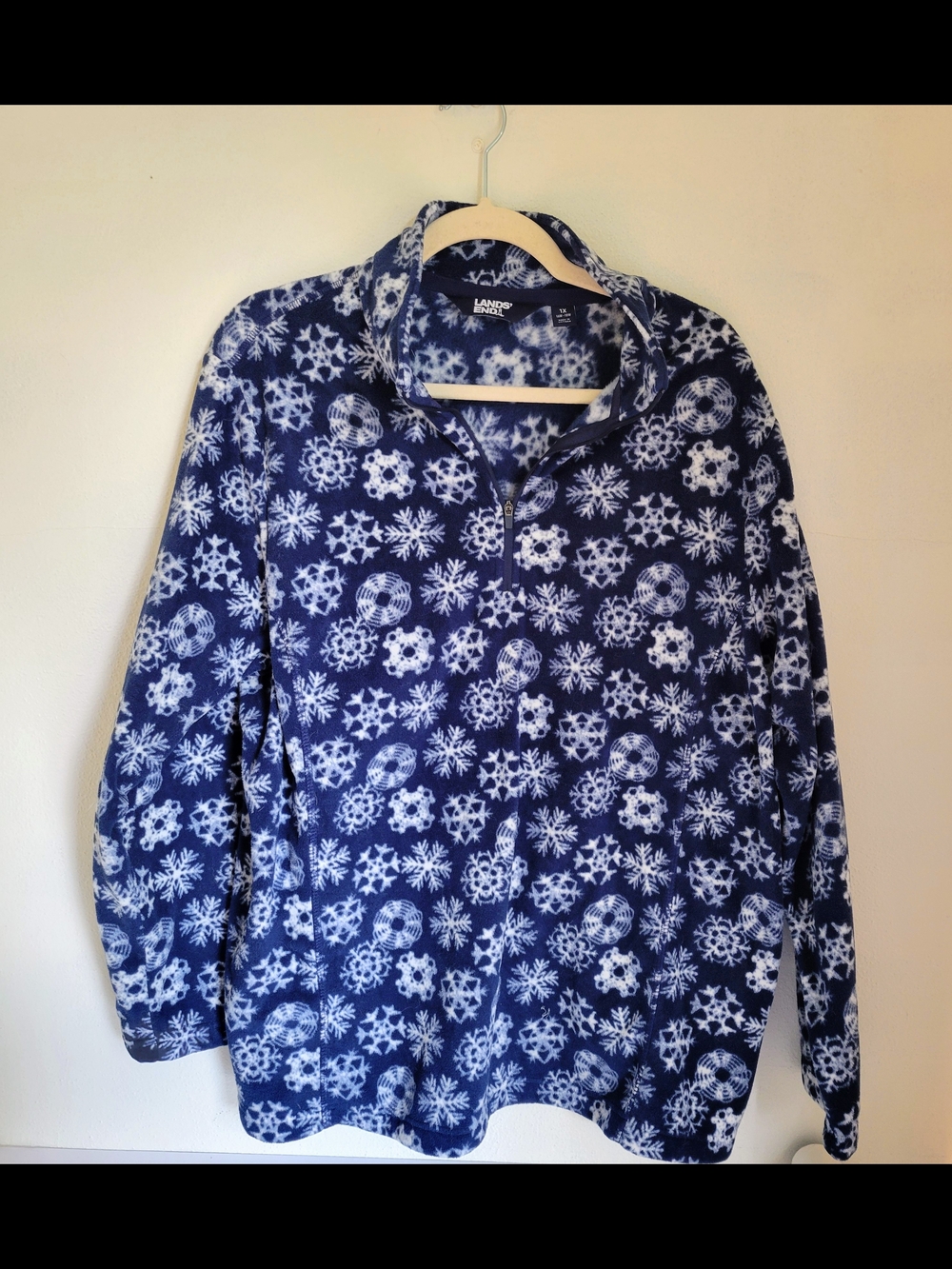 Lands' End Navy & White Snowflake Fleece Half-Zip